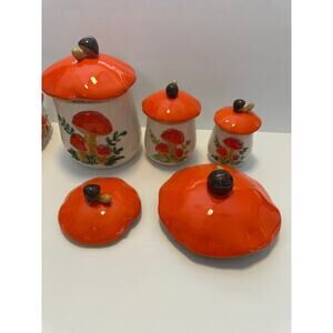 Vintage Mushroom Canister Set of 3  Orange Toadstool Kitchen Jars with Lids